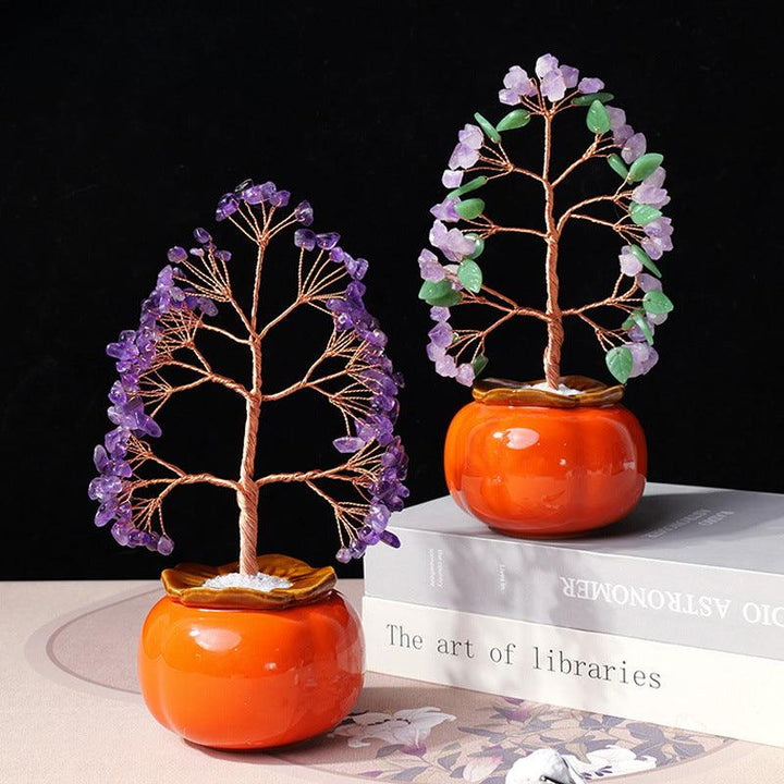 two amethyst crystal bonsai tree with persimmon shaped pot base