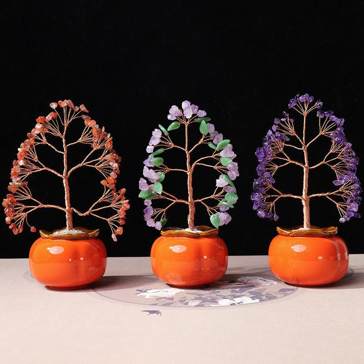 three amethyst crystal bonsai tree with persimmon shaped pot base