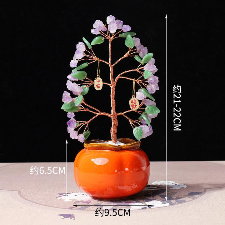 size of amethyst crystal bonsai tree with persimmon shaped pot base