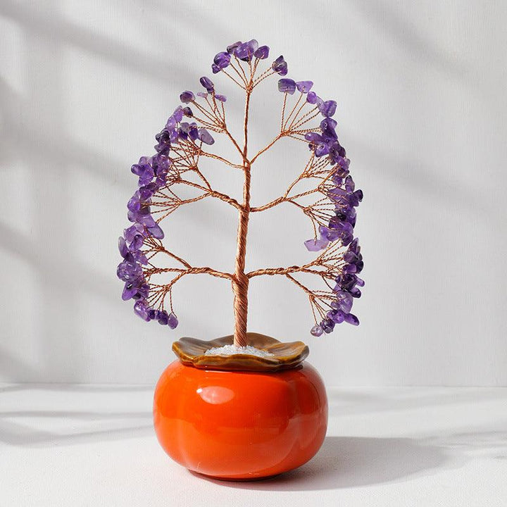 amethyst crystal bonsai tree with persimmon shaped pot base