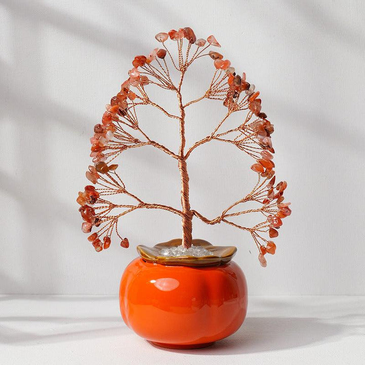 Red Agate crystal bonsai tree with persimmon shaped pot base