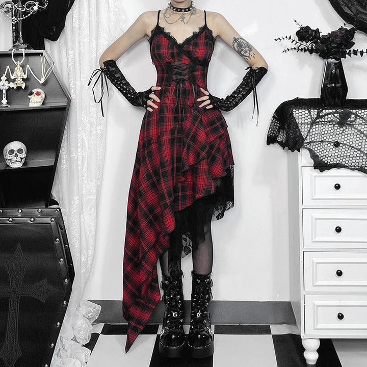 a woman wear a black and red gothic lolita sleeveless dress