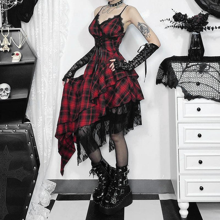 a woman wear a black and red gothic lolita sleeveless dress