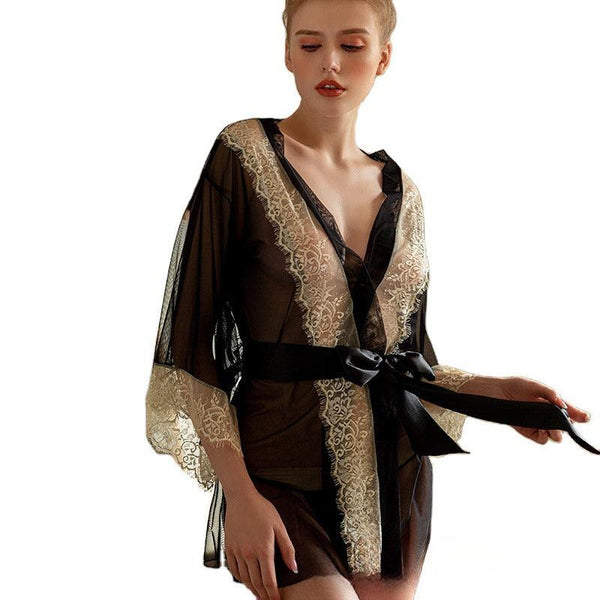 black lace long sleeve nightgown robe