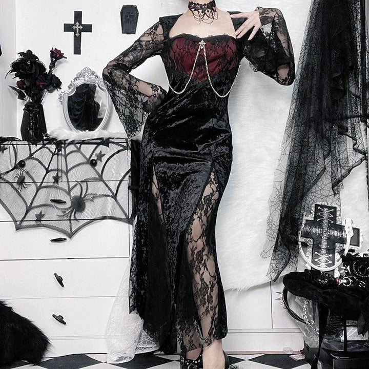 a woman wear a black and red long sleeve goth fashion dress