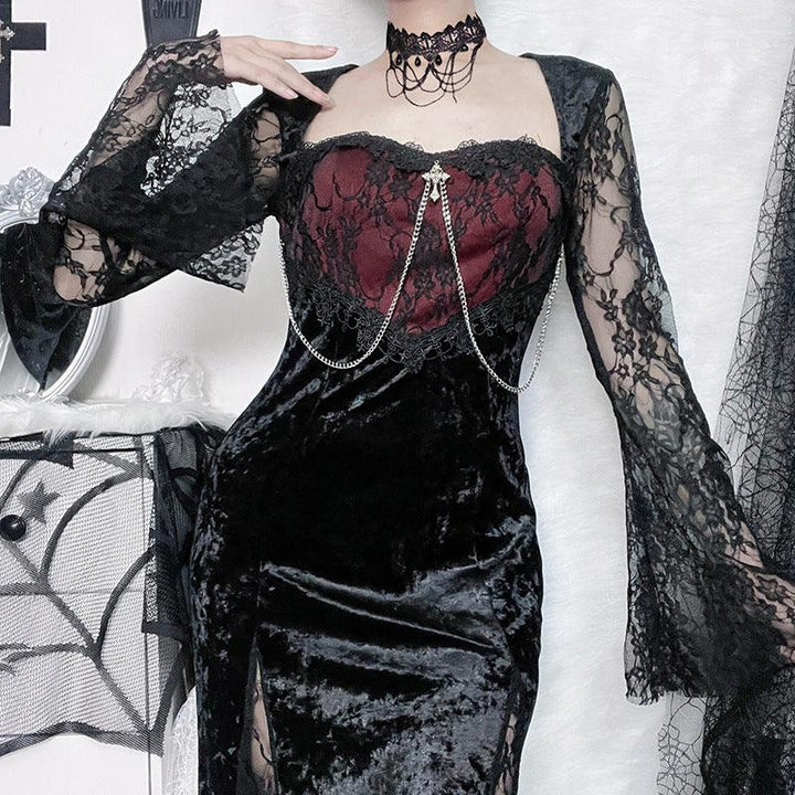 a woman wear a black and red long sleeve goth fashion dress