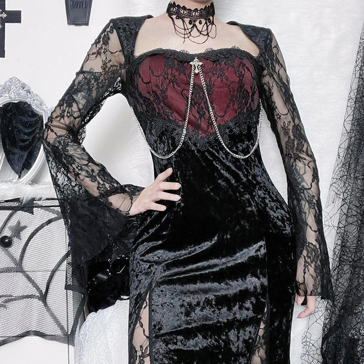 a woman wear a black and red long sleeve goth fashion dress