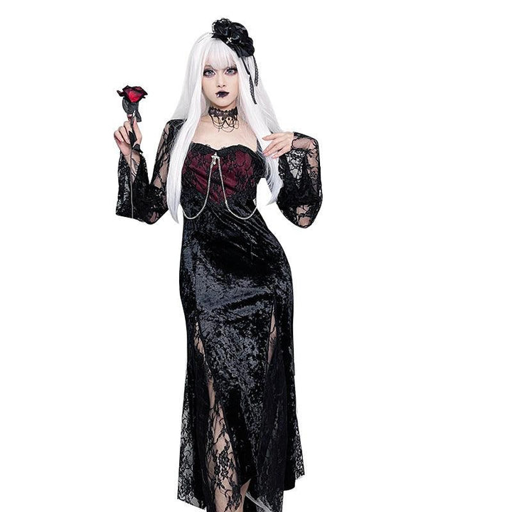 a woman wear a black and red long sleeve goth fashion dress