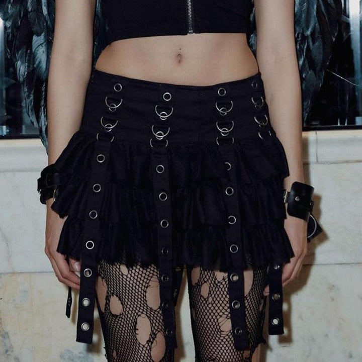 a woman wear a black dark punk gothic short dress