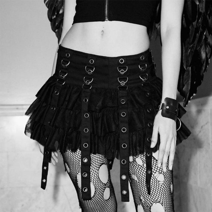 a woman wear a black dark punk gothic short dress