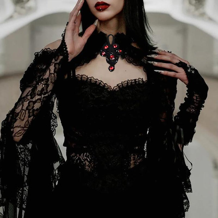 details of a black flared sleeve gothic lace shawl