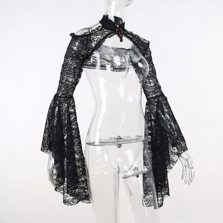 details of a black flared sleeve gothic lace shawl