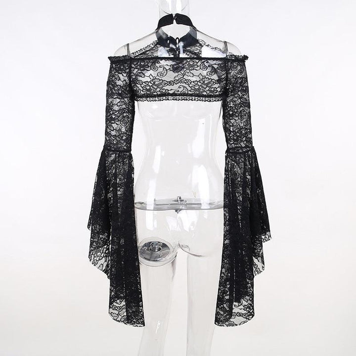 details of a black flared sleeve gothic lace shawl