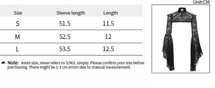 size chart of a black flared sleeve gothic lace shawl