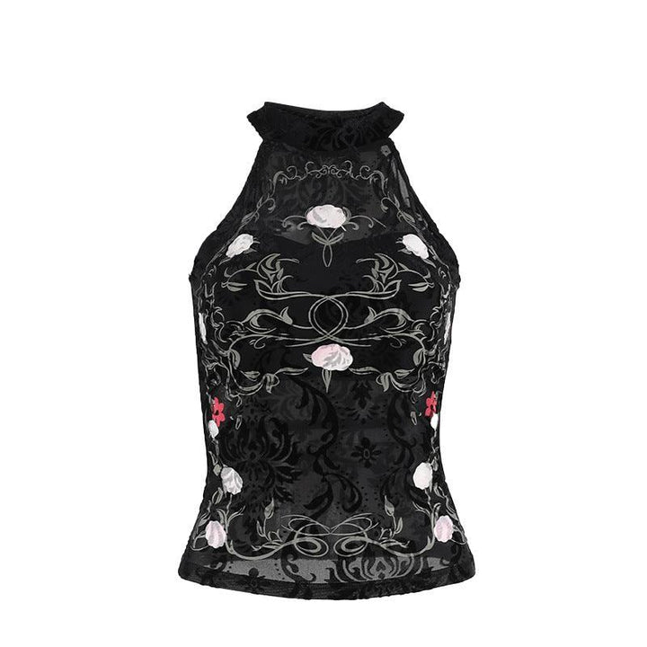 black gothic chinese style printed velvet lace halter top