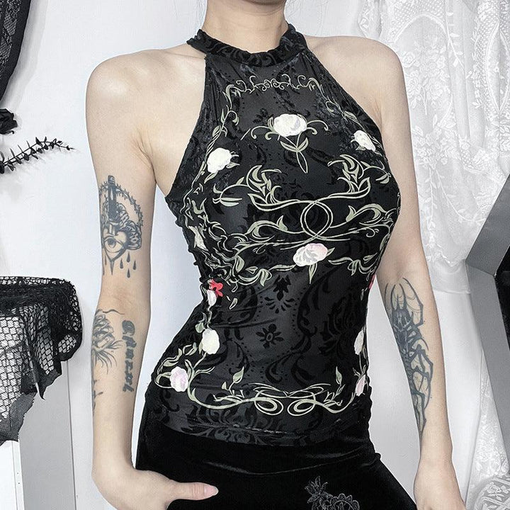 a woman wear a black gothic chinese style printed velvet lace halter top