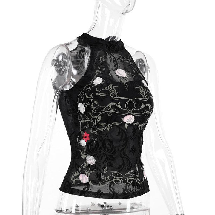 details of black gothic chinese style printed velvet lace halter top