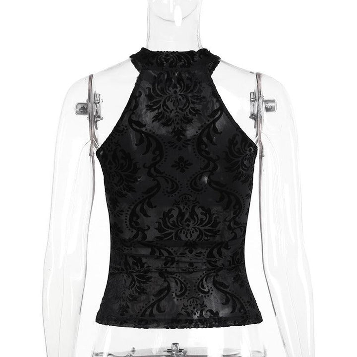 details of black gothic chinese style printed velvet lace halter top