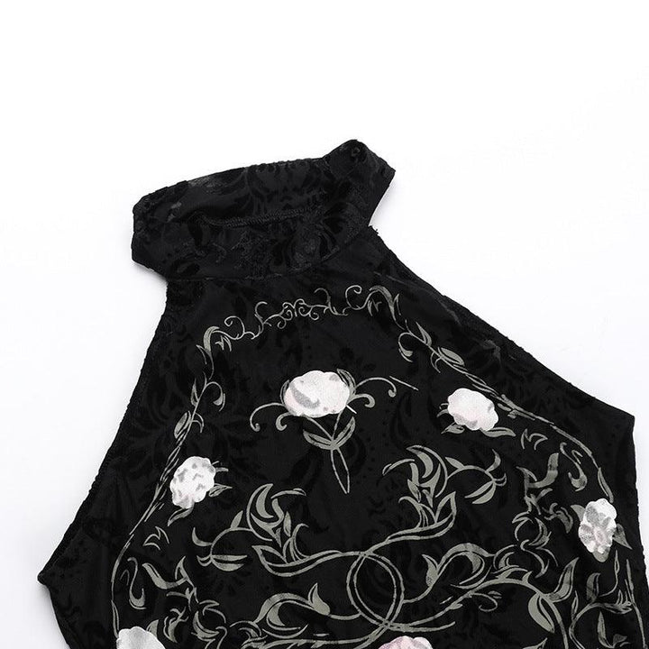 details of black gothic chinese style printed velvet lace halter top