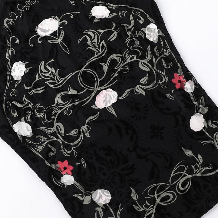 details of black gothic chinese style printed velvet lace halter top