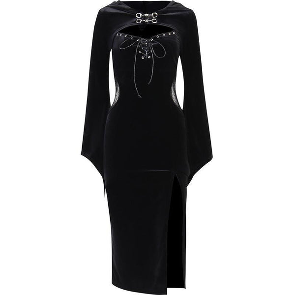 black gothic halloween hooded long sleeve dress