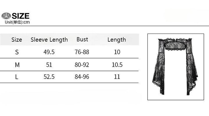 size chart of black gothic lace mesh long sleeve top blouse