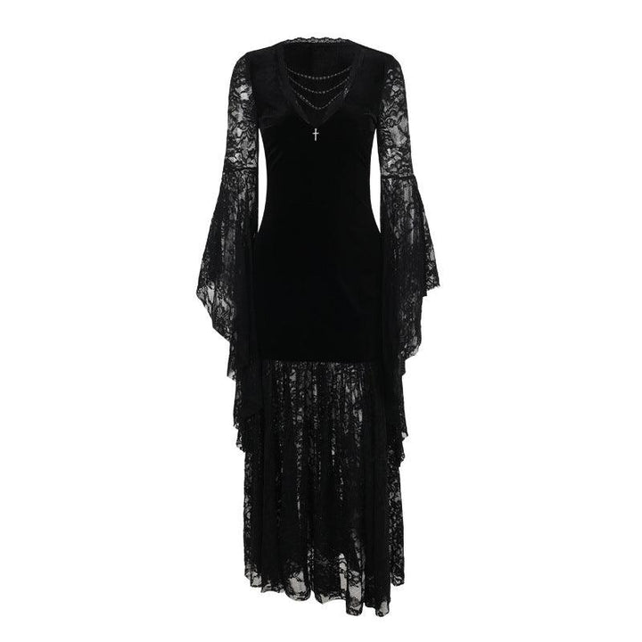 black gothic lace velvet long sleeve dress