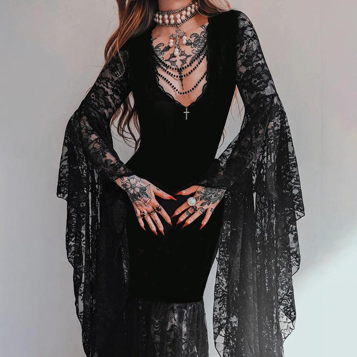 a woman wear a black gothic lace velvet long sleeve dress