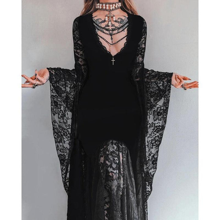 a beautiful woman wear black gothic lace velvet long sleeve dress