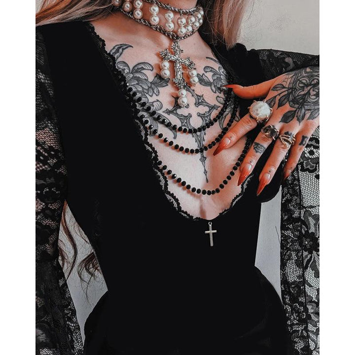 details of black gothic lace velvet long sleeve dress