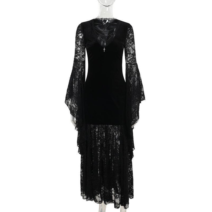 details of black gothic lace velvet long sleeve dress