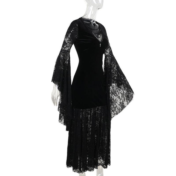 black gothic lace velvet long sleeve dress