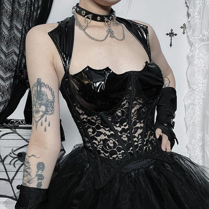 a woman wear a black gothic leather sexy sleeveless top