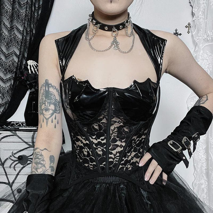 a woman wear a black gothic leather sexy sleeveless top