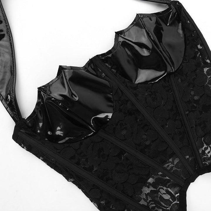 details of a black gothic leather sexy sleeveless top