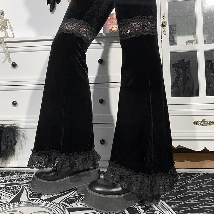 details of black gothic punk lace panel flare pant