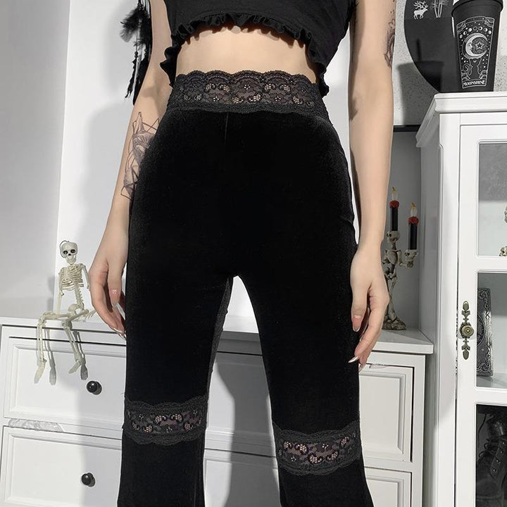 details of black gothic punk lace panel flare pant