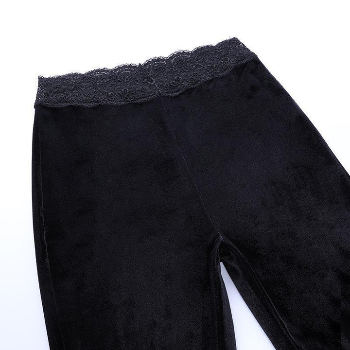 details of black gothic punk lace panel flare pant