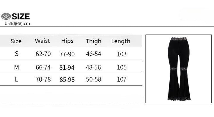 size chart of black gothic punk lace panel flare pant