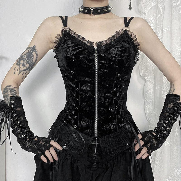 a woman wear a black gothic rose lace camisole top