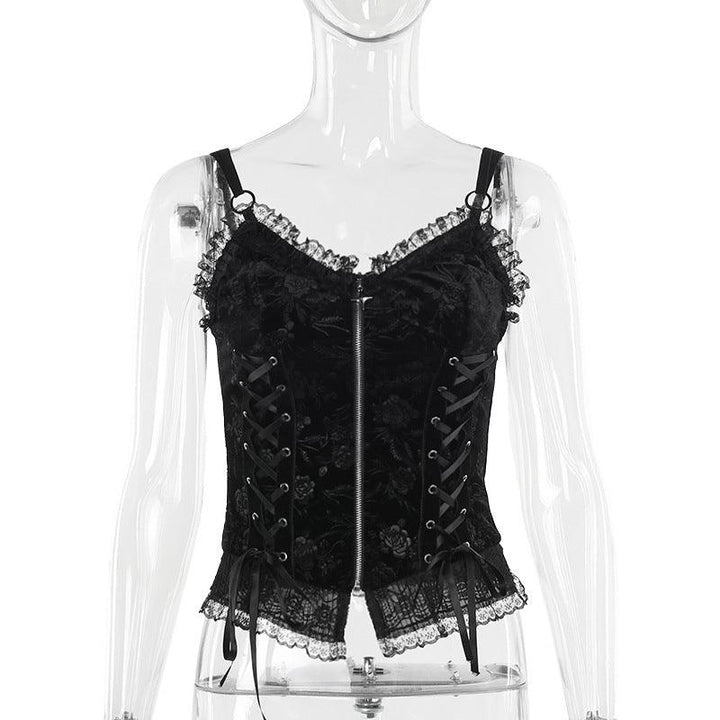 details of black gothic rose lace camisole top