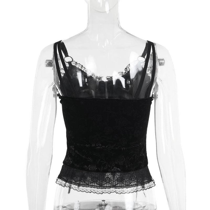 details of black gothic rose lace camisole top