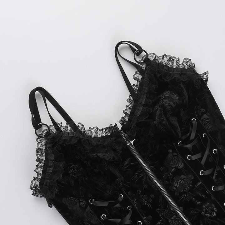 details of black gothic rose lace camisole top