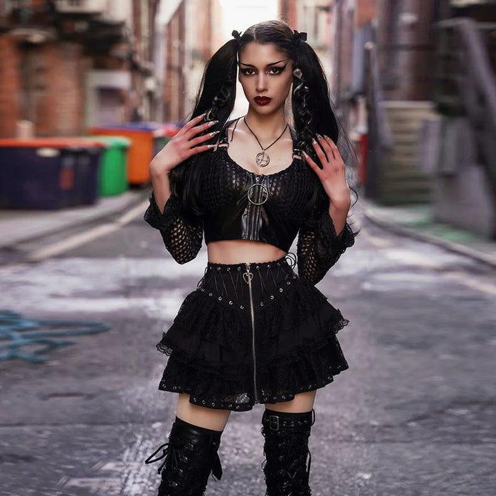 a woman wear a black gothic steampunk lace short dress