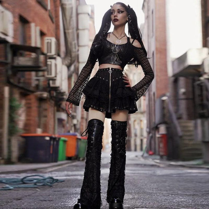 a woman wear a black gothic steampunk lace short dress