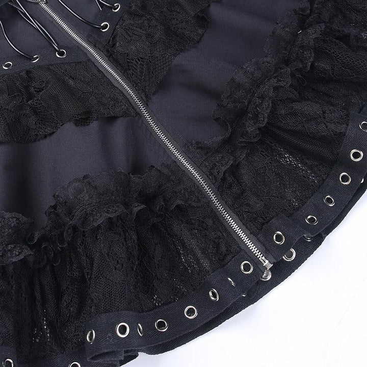 details of black gothic steampunk lace short dress