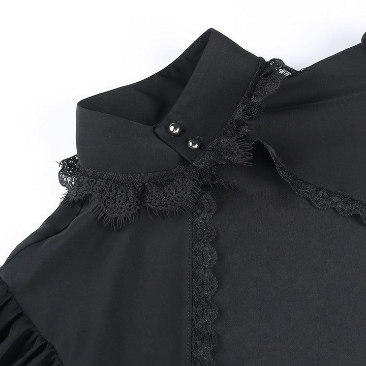 details of black gothic victorian lace high neck blouse