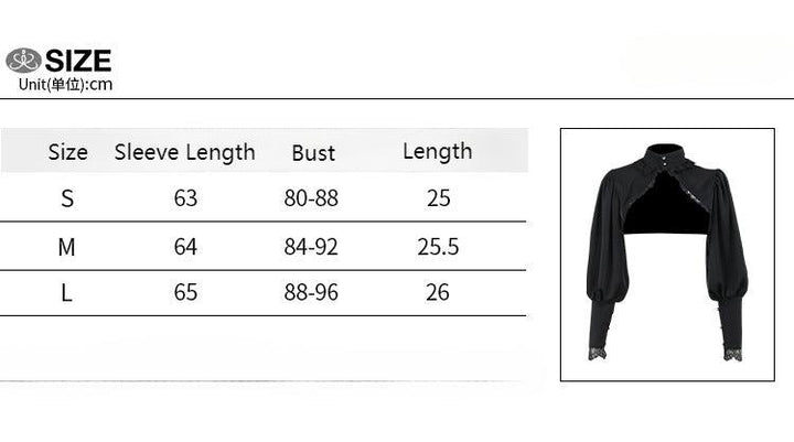 size chart of black gothic victorian lace high neck blouse