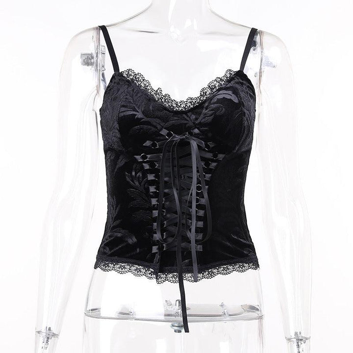 details of black gothic vintage lace trim cami top