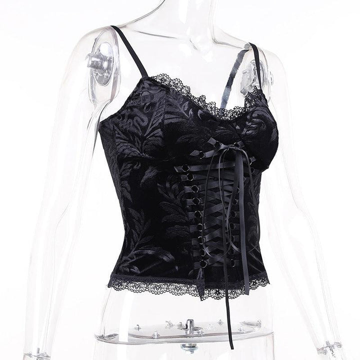 details of black gothic vintage lace trim cami top